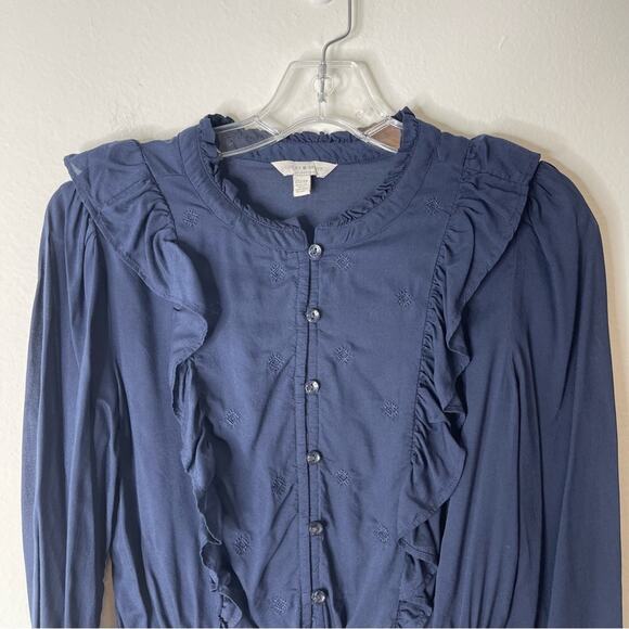 Lucky Brand navy blue button ruffle cottagecore peplum embroidered top XS - Picture 2 of 5